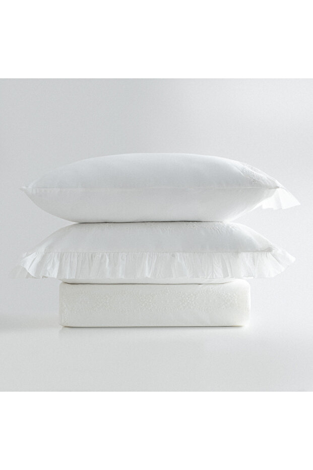 Nare King Size Duvet Cover Set 100% Organic Cotton Percale Embroidered Framed Cream 240X220 cm