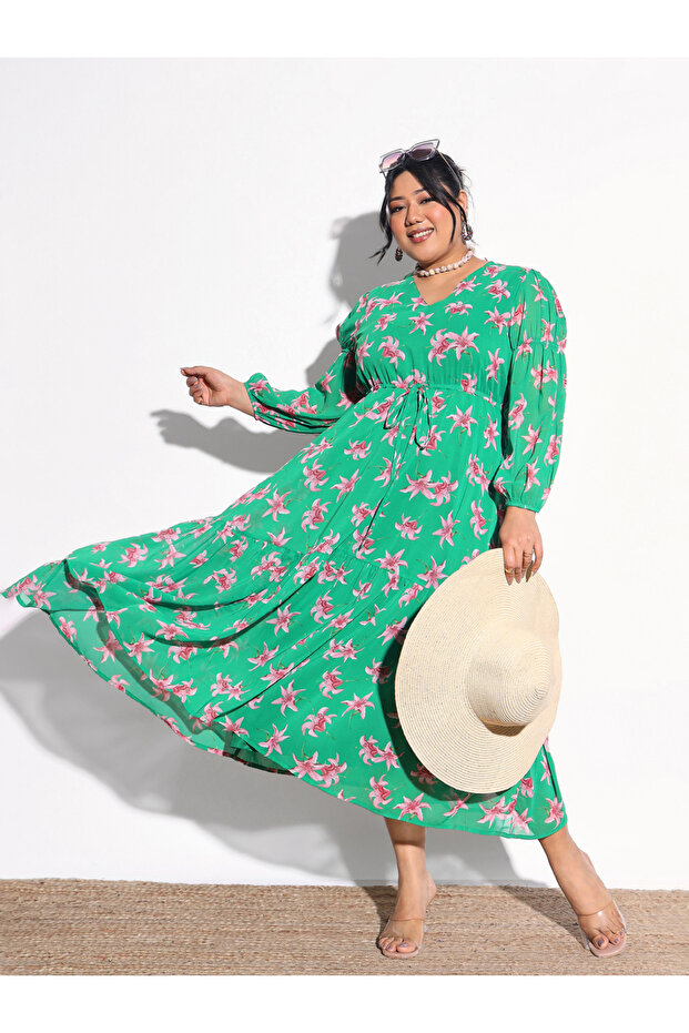 Plus Size Green Floral Tiered Drawstring Midi Dress