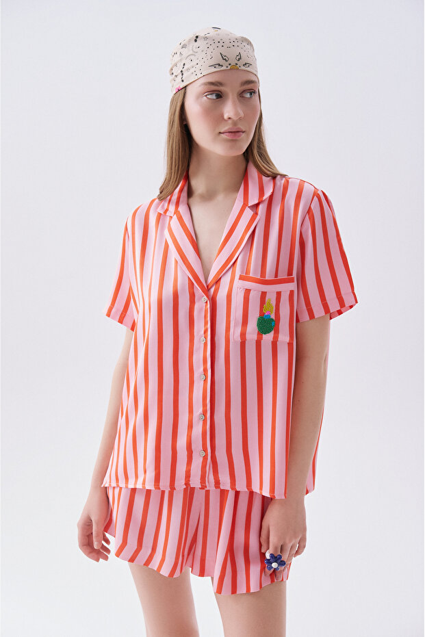 Women's Pink Beaded Striped Oversize Short Sleeve Shirt