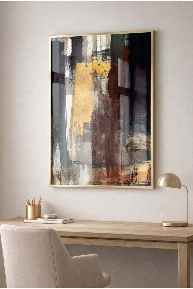 Modern Abstract Anthracite and Gold Themed Glass Table - Gold Metal Framed Table for Home, Business, and School