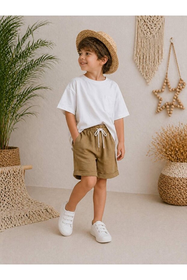 Boy's 100% Linen Shorts and Basic Pocket T-Shirt Set - Natural Fabric Summer Combination