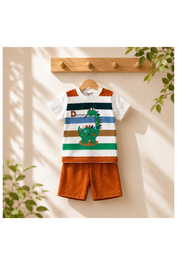 Clownkids 100% Cotton Baby Boy Striped Dinosaur Printed Shorts Set of 2