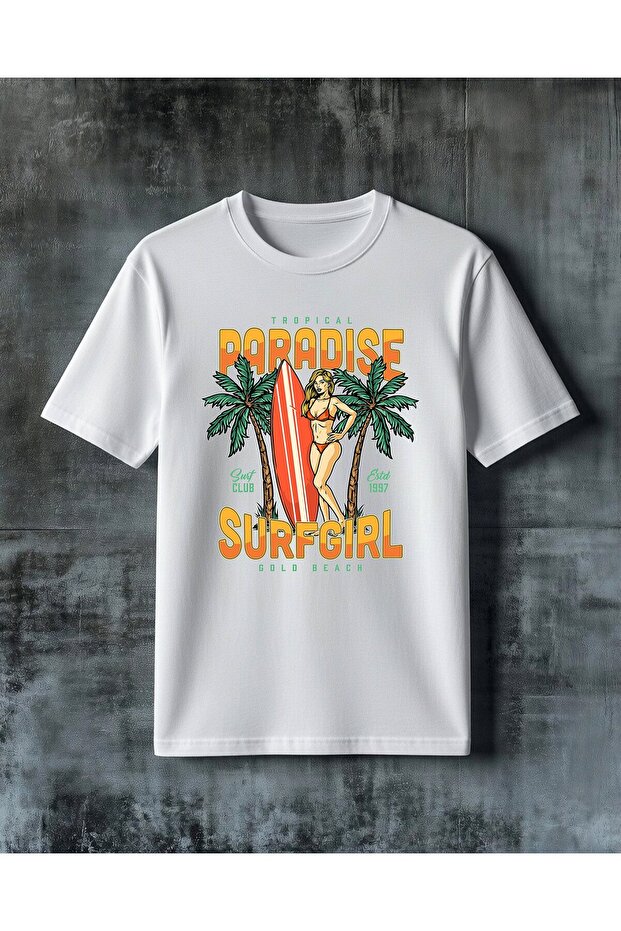 Tropical Paradise Surfgirl Printed Oversize T-Shirt