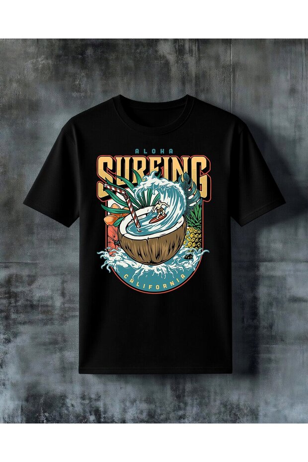 تي شيرت كبير الحجم مطبوع عليه aloha surfing