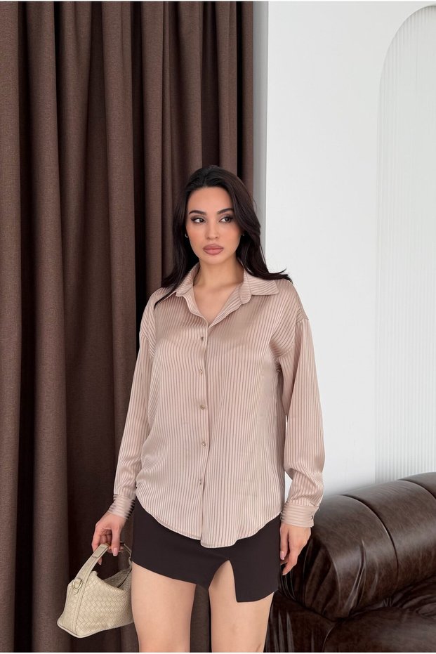 Stone Gold Button Detailed Pinstripe Satin Shirt