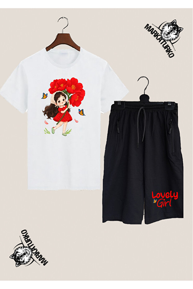 Cute Girl Special Design Printed T-Shirt-Shorts Combination