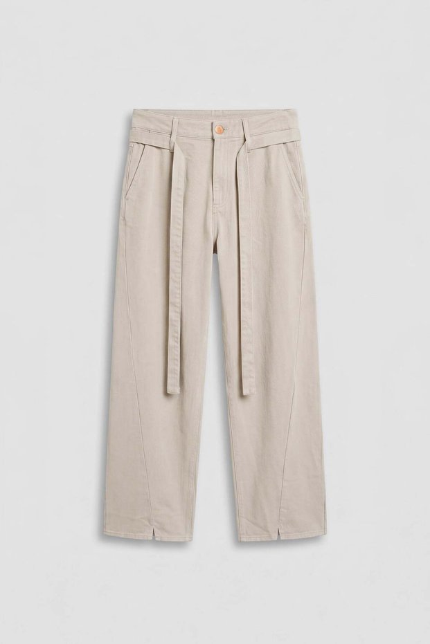Men's Baggy Fit High Waist Belted Gabardine Trousers Stone Color