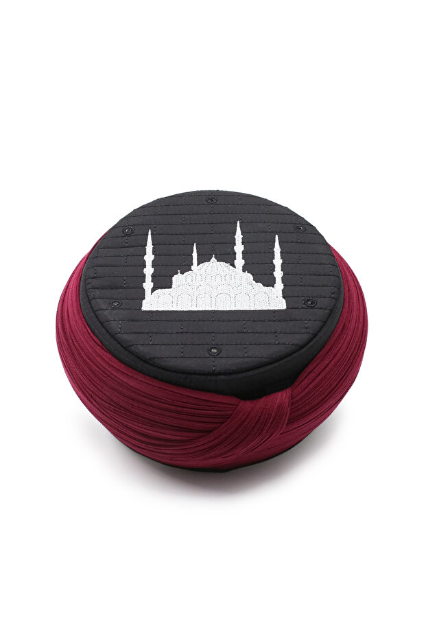 Children's Cami Sarigi - Burgundy Fabric - Black Skullcap - Round Wrap - Cami Embroidered - 5 Meters