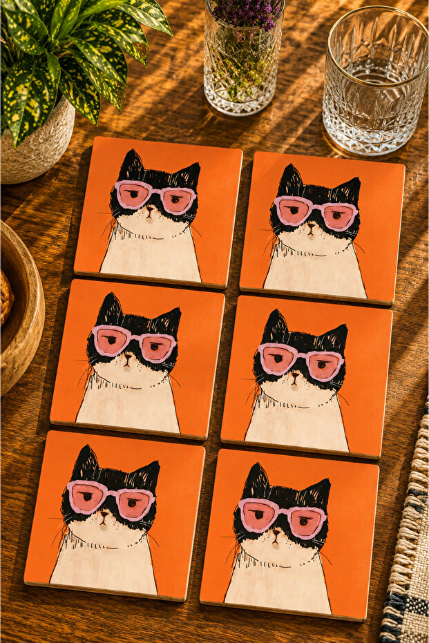 Cat Design Modern Set of 6 Coasters - Uv Printing Mdf - 10X10 cm
