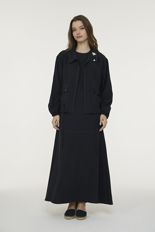 Brooch Detailed Jacket Dress Black Suit 1957