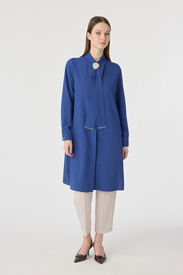 Pearl Detailed Shawl Collar Indigo Tunic 1672