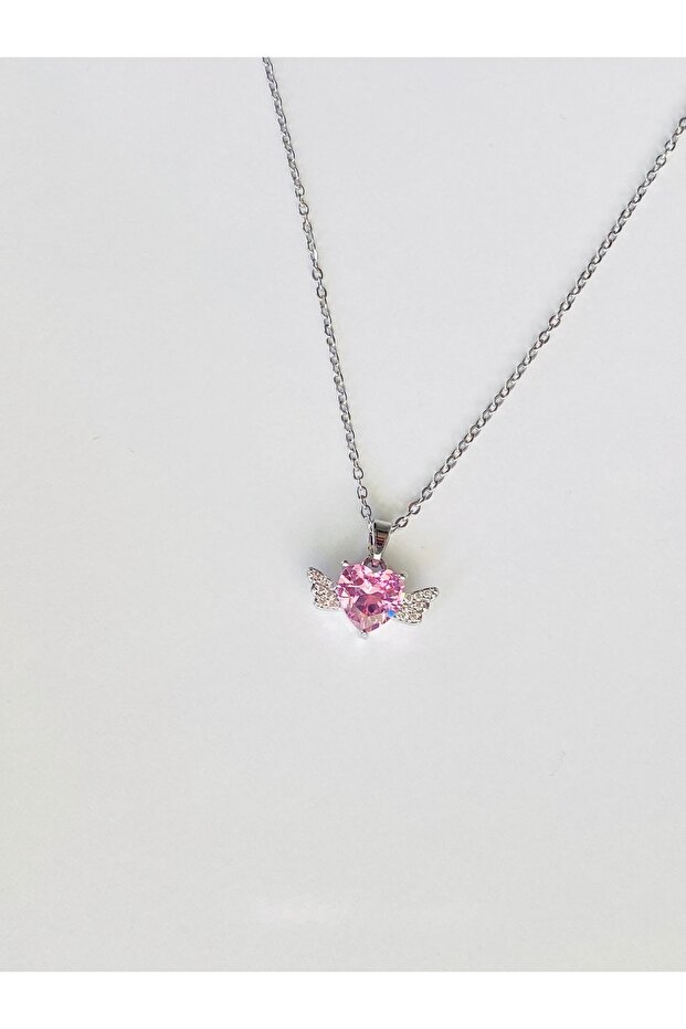 Steel Necklace Silver Color with Pink Crystal Stone Winged Heart Pendant