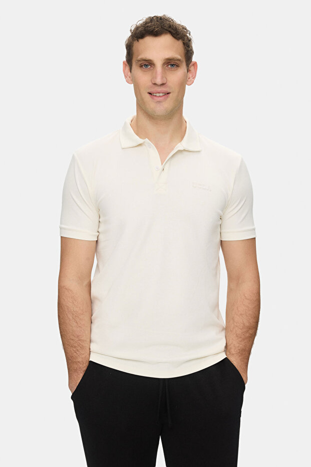 Oscar White Polo Collar Seersucker Printed Soft Textured Modal Fabric Standard Fit Men's Tshirt
