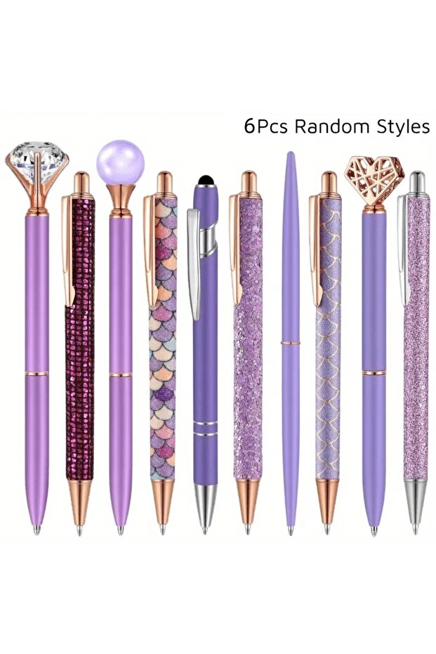 6 random purple 6pcs Ballpoint Pens Set Metal Crystal Diamond Pen for Journaling Glitter Stationery