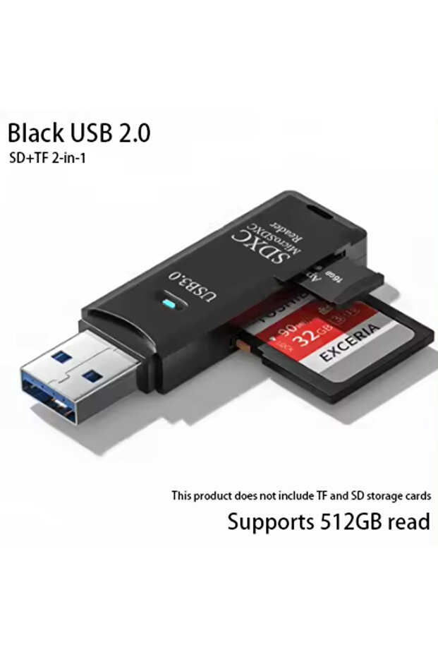 قارئ بطاقات متعدد الوظائف 2 في 1 من Black2.0 مع منفذ USB 3.0 لبطاقات الذاكرة مايكرو SD وTF ومحركات أقراص USB
