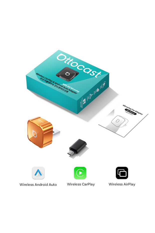 محول Ottocast Mini Air لاسلكي 3 في 1 للسيارة مع دعم CarPlay وAndroid Auto لمدة عام واحد