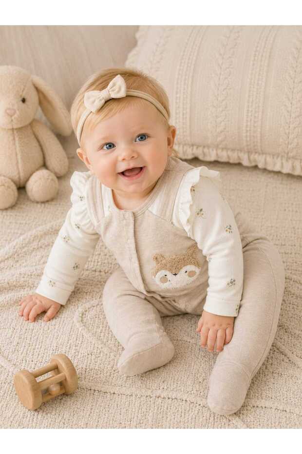 Baby Girl Plush Fox Embroidered Jumpsuit with Booties