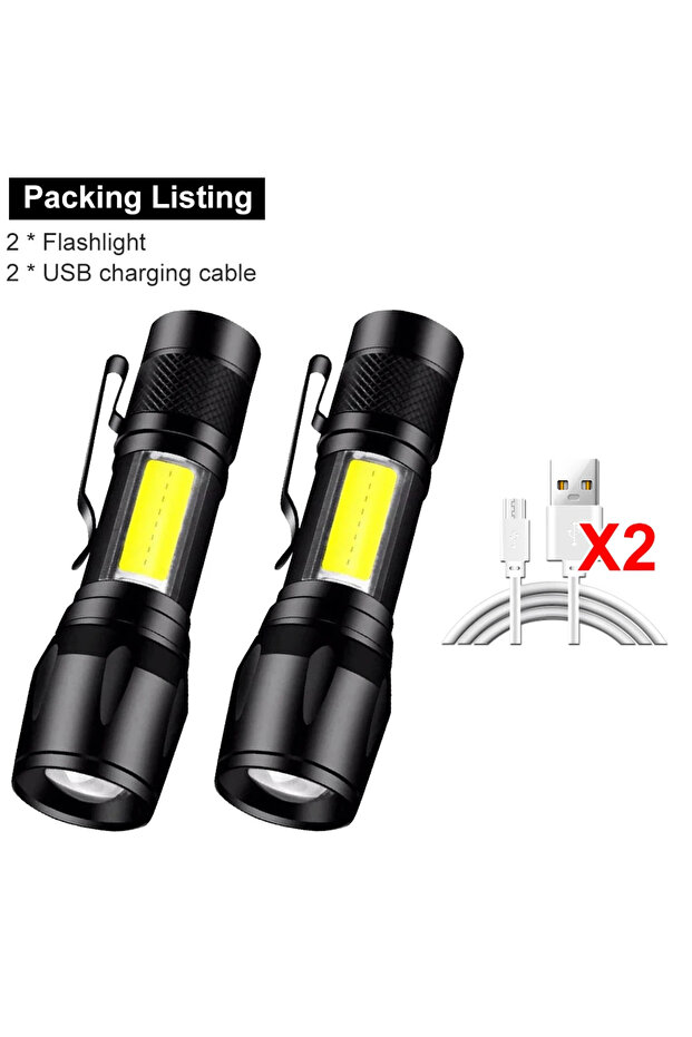 مصباح يدوي صغير LED من ZOOM، قطعتان، COB+XPE، كشاف محمول قابل للشحن عبر USB، فانوس للتخييم مع إمكانية تكبير وتركيز الضوء