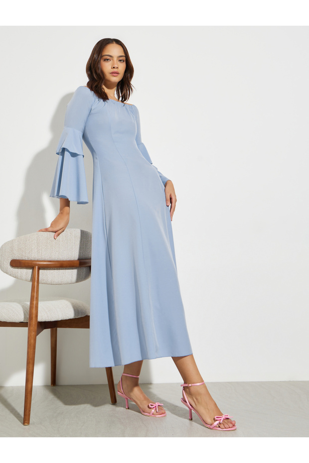 Blue A-Line Midi Dress with Bell Sleeves