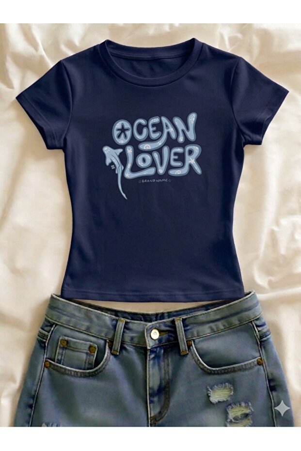 Ocean Lover Printed Lycra Slim Fit Short Sleeve Crew Neck Tee Crop