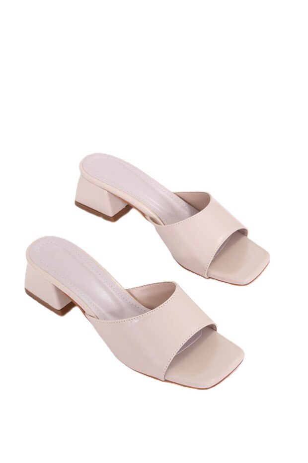 Women's Heeled Slippers in Beige Color Skin Low Thick Heeled