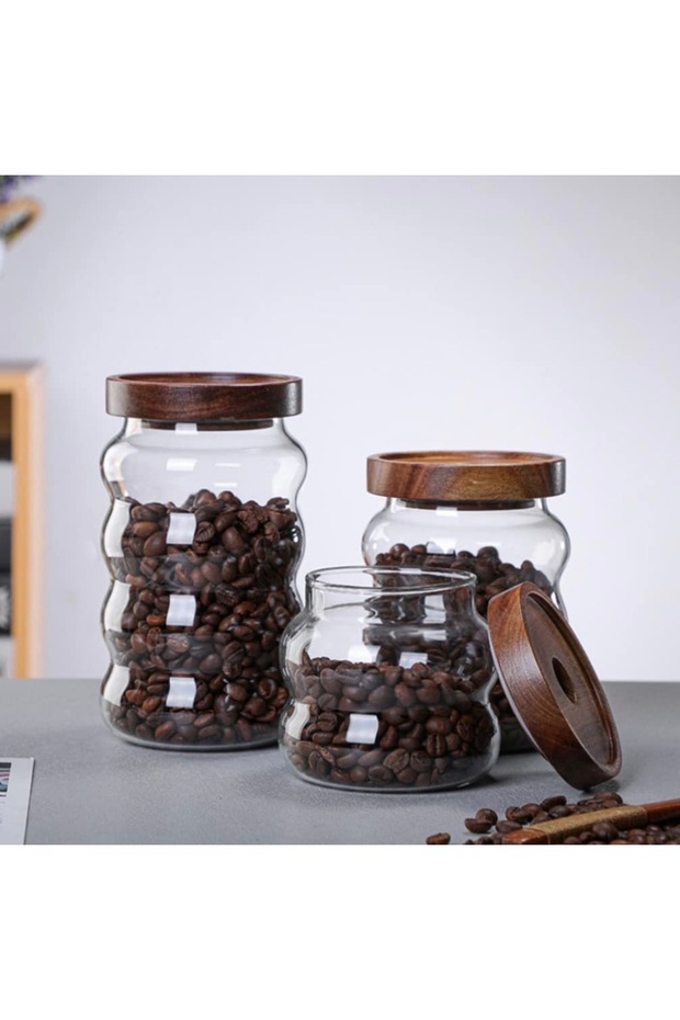 برطمان زجاج غطاء خشبي طقم ثلاث قطع