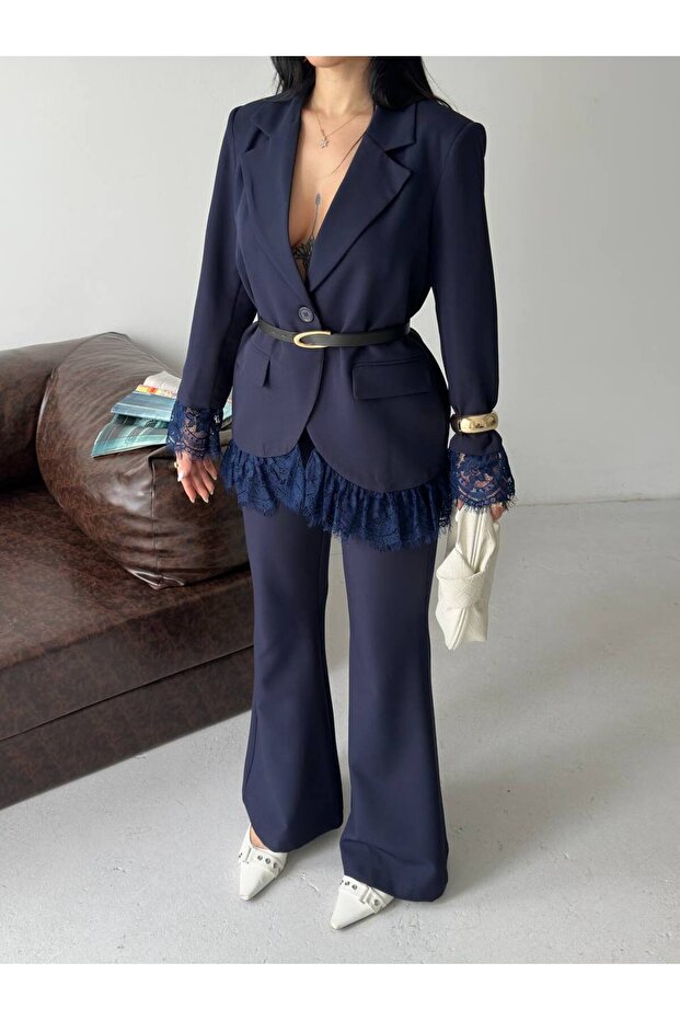 Belted Lace Detailed Spanish Long Sleeve Blazer Suit