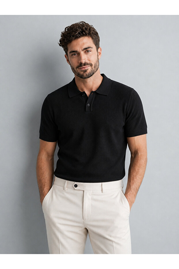 Men's Slim Fit Buttoned Black Polo Collar T-Shirt