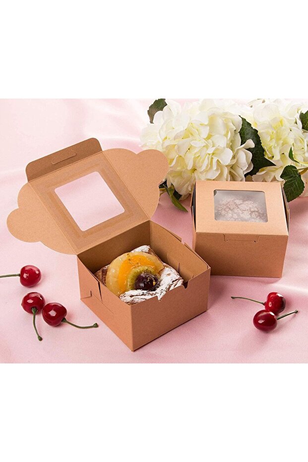 Silk Route - Bakery Boxes 4x4x2.5 Inches, 10 Pack Small Brown Cake Box Small Kraft Cookie Boxes with Window for Cupcakes, Pies, Donuts
