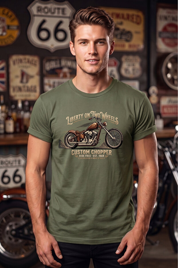 Retro Motorcycle Illustration Printed Cotton Unisex T-Shirt T-Shirt