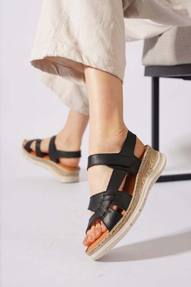 Redas genuine leather orthopedic women's sandals with side window - black leather