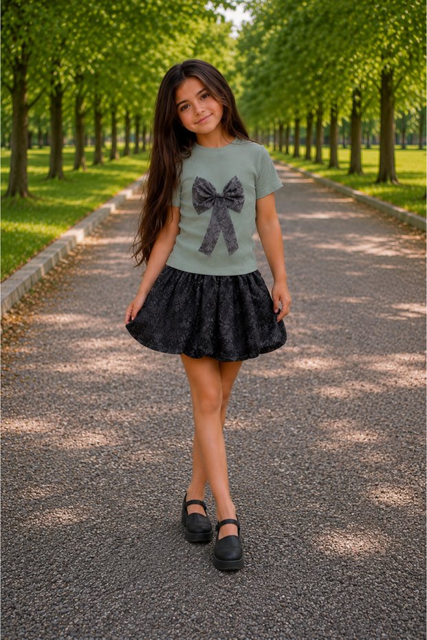 Girl's Festive and Special Occasion Set I Wrinkled Fabric Top- Glitter Balloon Skirt I Bow Detail 3-9 Years Old Girl's Set