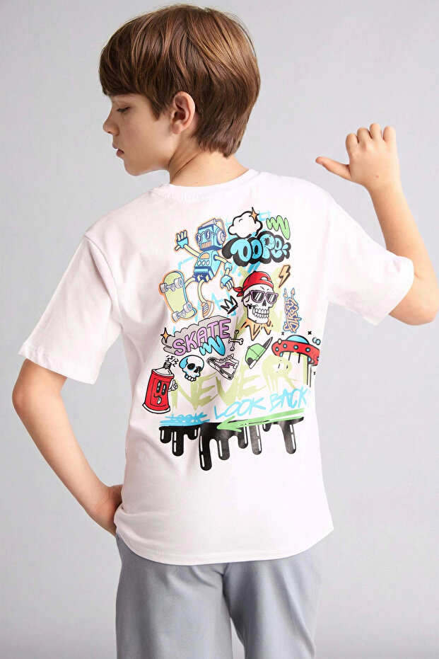H4321A8Wt34 White New Regular Fit Crew Neck Printed Short Sleeve T-Shirt for Boys