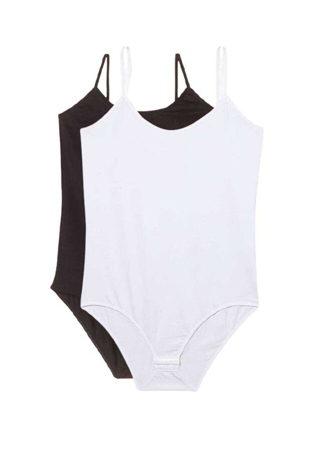 Glb-Stl41414 2 Pieces Women's Snap Fastener Bodysuit with Rope Straps Black and White