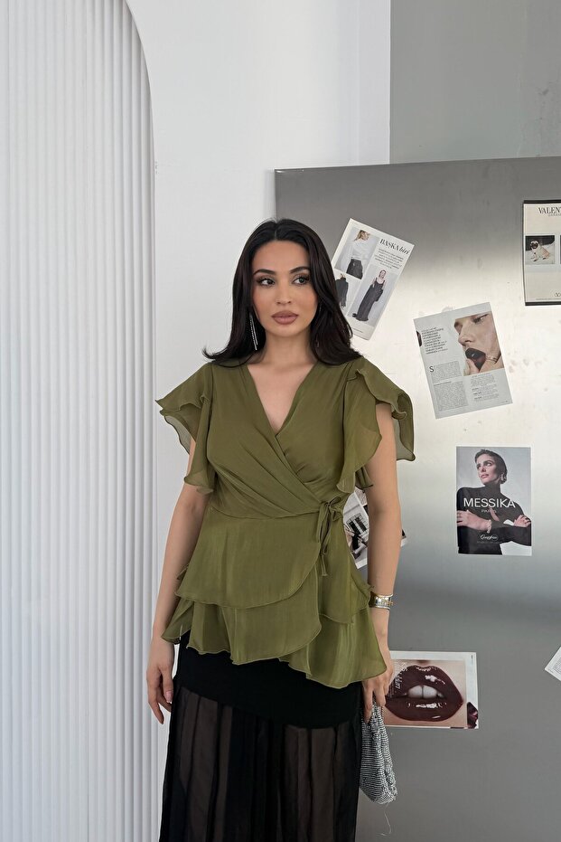 Khaki Flounce Front Tie-Up Shiny Chiffon Fabric Blouse