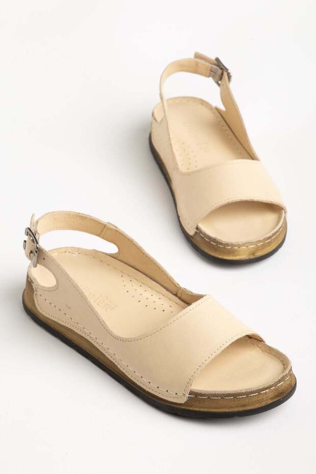 Genuine Leather Orthopedic Women's Flat Heel Sandals Beige with Symmetrical Side Cutouts