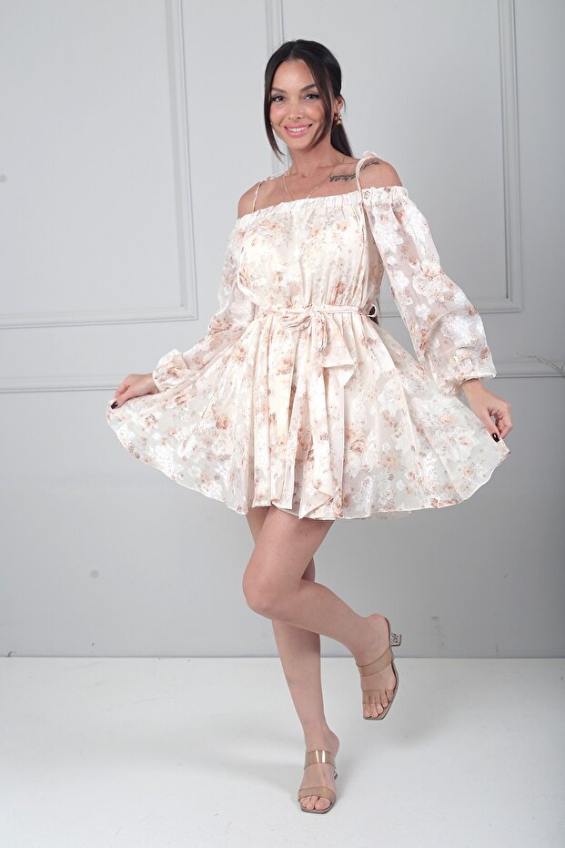 Women's Madonna Collar Shoulder Lace-Up Lined Lined Floral Patterned Short Chiffon Dress