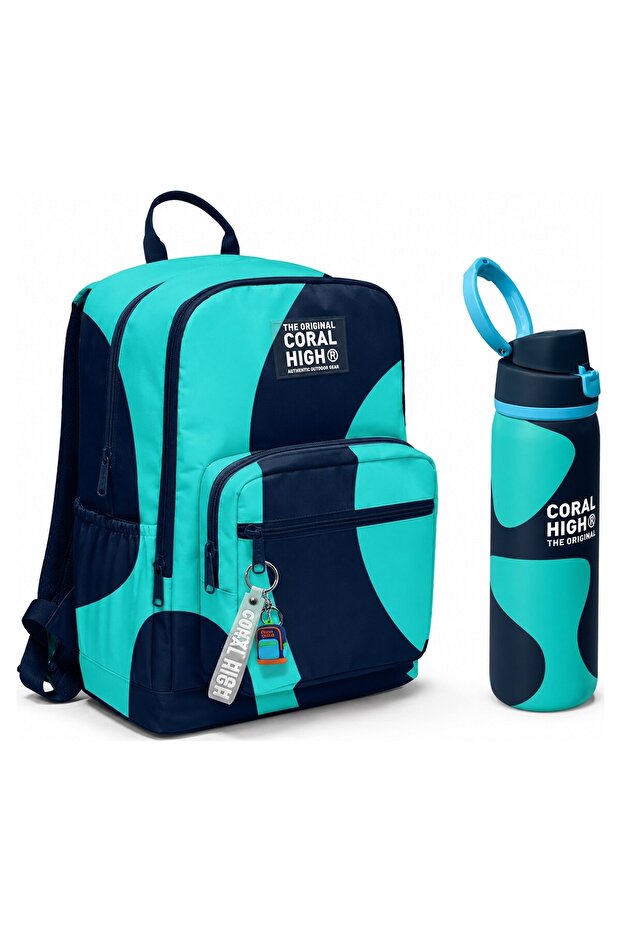Navy Blue Turquoise Backpack 23686+Steel Thermos 800 ml 38546