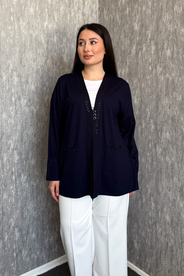 Women's Plus Size Short Cardigan with Stone Collar and Pockets, 3 Buttons 903-3