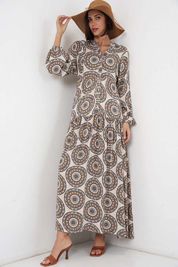 Women's Patterned Long Hijab Dress 1155 - C. Beige