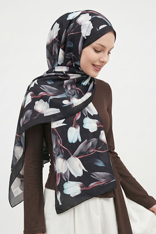Tulip Pattern Black Soft Cotton Shawl