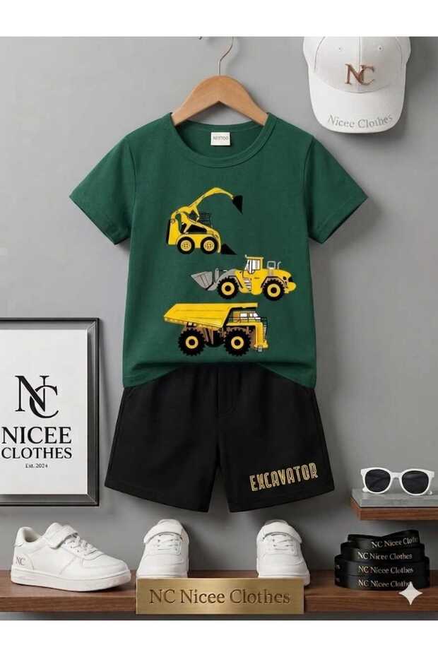 Summer Children's T-Shirt Shorts Unisex (Excavator Print)