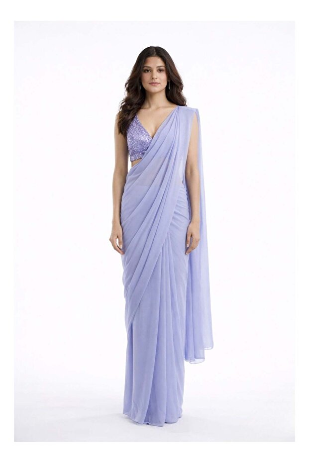 Nool Mist Solid Chiffon Saree with Complimentary Handpicked Blouse Material - 1