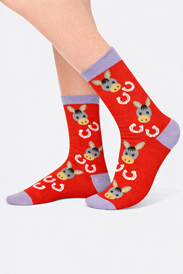 Red Donkey Patterned Unisex Socks - 2