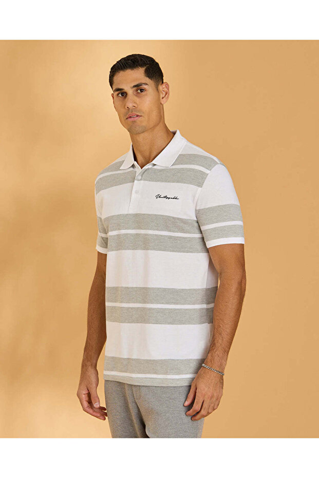 Men White and Grey And Striped Polo Shirt