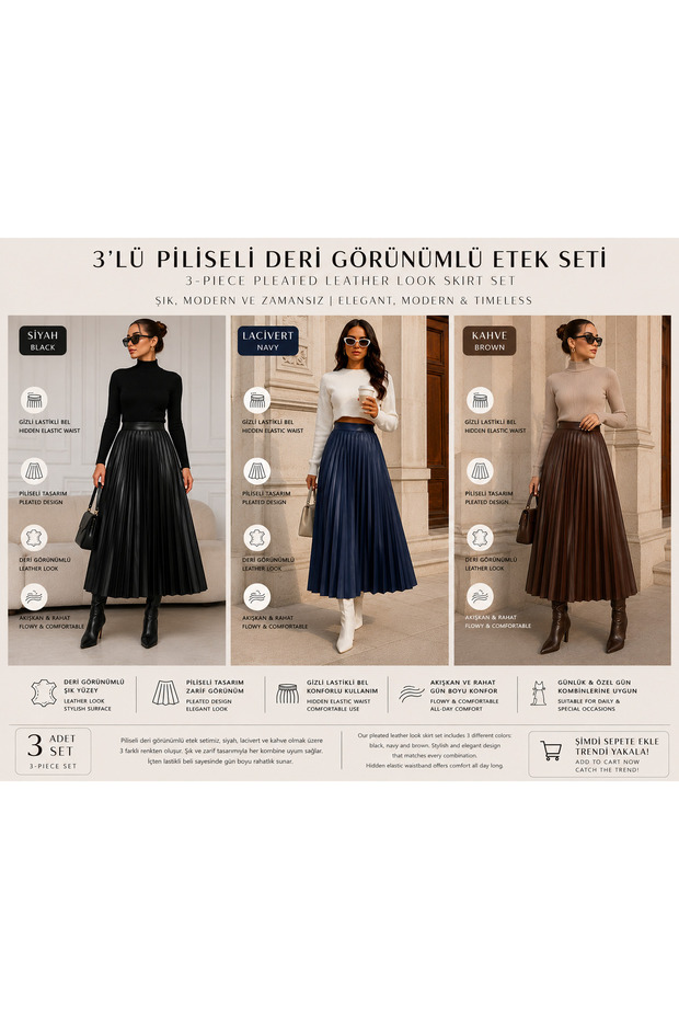 High Waist Pleated Leather Look Midi Skirt 3 Pieces