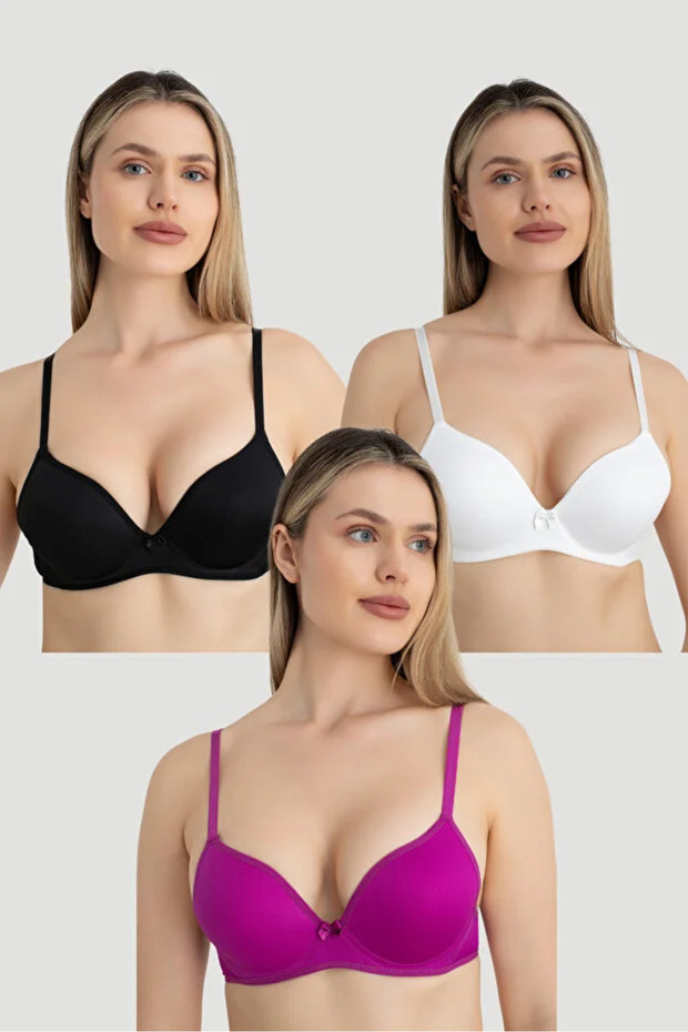 Women's underwire padded bra 3-piece set black white plum