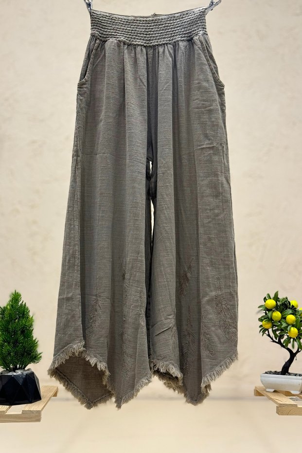 Wide Leg Linen Trousers with Feather Embroidery