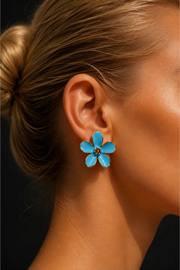 Amélie Summer Blue Flower Design Steel Stud Earrings with Yellow Detail