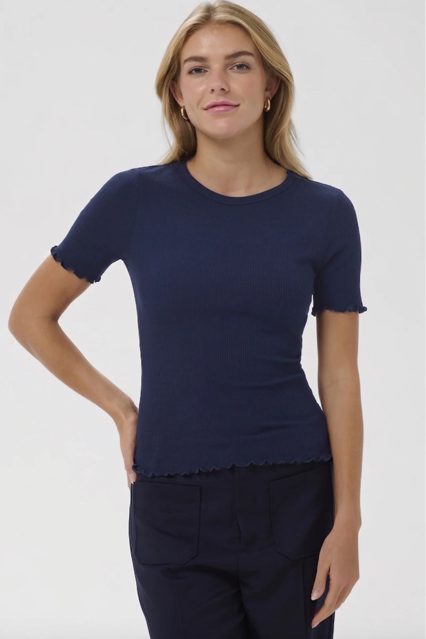 Organic Cotton Navy Blue Women's Ribbed T-Shirt with Stitching Detail